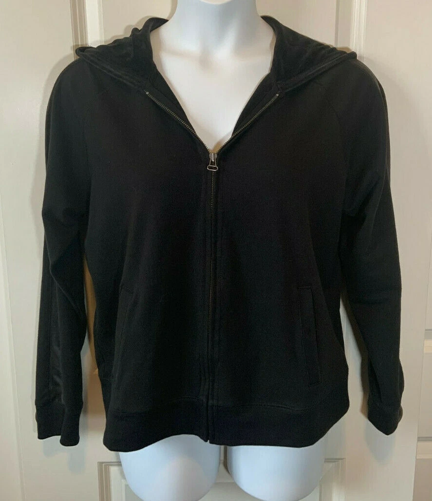 *NWOT* Eddie Bauer Black Zip Front Stretch Knit Hoodie Jacket - Velour Trim - LG