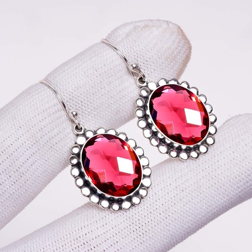 Pink Rubellite Tourmaline Gemstone 925 Sterling Silver Jewelry Earring, For Her - Picture 2 of 4