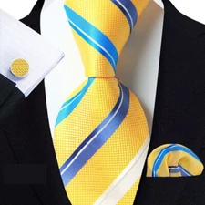 Classic Striped Yellow Blue Jacquard Silk Men's Tie Necktie Hanky Cufflink Set