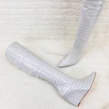 Ice White / Grey Reptile Texture Knee High Wedge Heel Boots Lexis