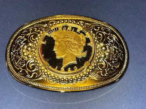 Vintage Liberty 1923 Carved Silver US Coin Belt Buckle Gold Color