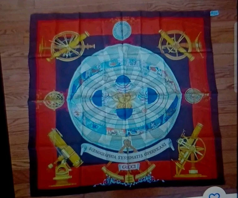 Foulard vintage Gucci bordure marron SCENOGRAPHIA SYSEMATIS COPERNICANI 33