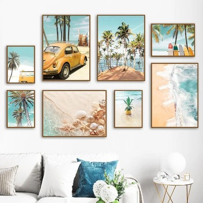 Poster Palmen Strand Muscheln Käfer Surfbretter Ananas Wandbilder Wohnzimmer &