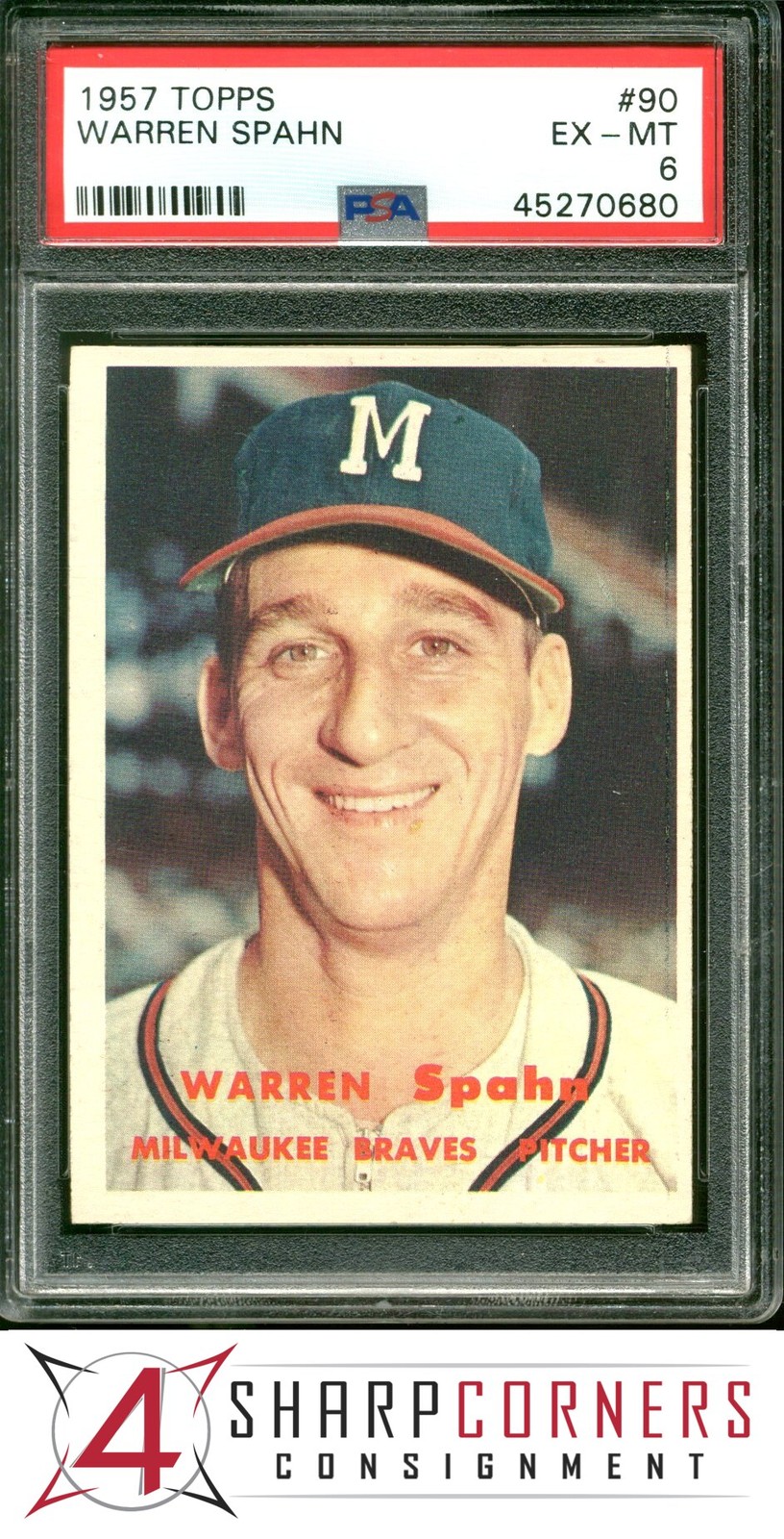 1957 TOPPS #90 WARREN SPAHN BRAVES HOF PSA 6