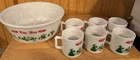 Vintage Hazel Atlas Currier Ives Tom Jerry Egg Nog Milk Glass Punch Bowl Cups