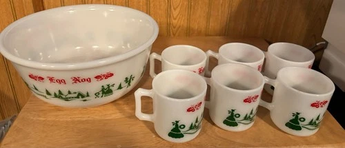 Vintage Hazel Atlas Currier Ives Tom Jerry Egg Nog Milk Glass Punch Bowl Cups