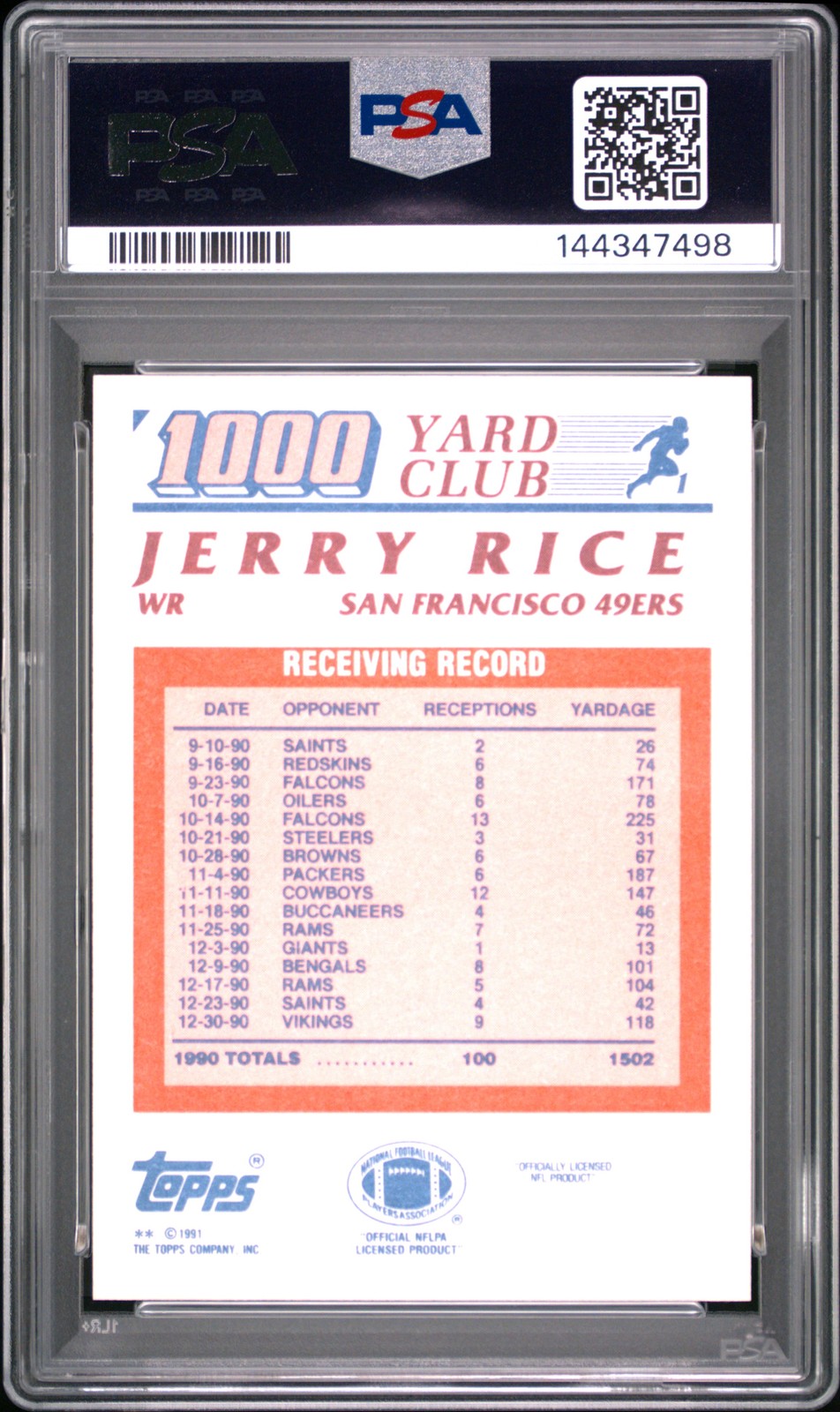 1991 TOPPS 1000 YARD CLUB #1 JERRY RICE PSA 8 view 2