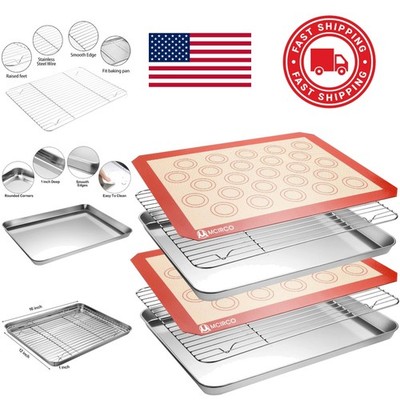 Stainless Steel Baking Sheet Tray Set with Cooling Rack and Silicone Mat 16 Inch