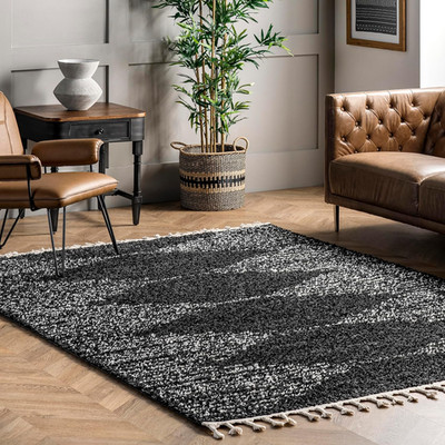Bria 8x10 Moroccan Shag Area Rug - Chic Black/Ivory Tasseled Design