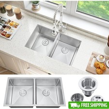 32 Inch Double Bowl Undermount Sink Stainless Steel Easy Clean Noise Reduction