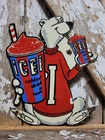 VINTAGE ICEE BEAR PORCELAIN SIGN OLD KIDS FROZEN BEVERAGE DRINK DIECUT ICED COLA