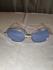 Vintage 90s Oval Silver Metal Sunglasses Blue Lenses Made in Italy Retro Hippie