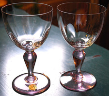 Vtg Set 2 RARE Portieux France PINK TEARDROP STEM Optic Crystal WATER GOBLETS
