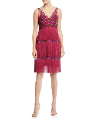 $995 New Marchesa Notte V Neck Fringe Dress Berry Sequins Beaded Embroidered  2 | eBay