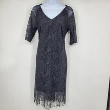 Emma & Michelle Fringed V Neck Black Lace Whimsigoth Flapper Shift Dress Medium