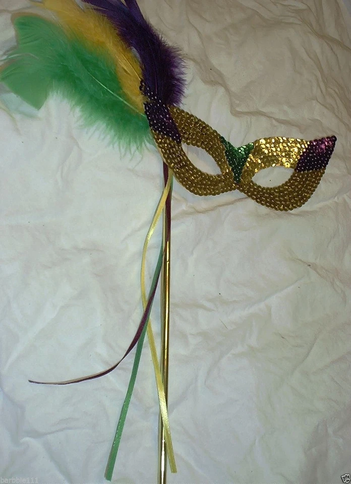 Sequin Gold Feather Mask and Stick Mardi Gras Masquerade Party - Image 2 of 4