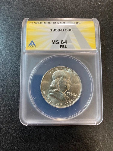 1958 D FRANKLIN HALF DOLLAR ANACS MS-64 FBL - UNCIRCULATED - CERTIFIED SLAB -50C