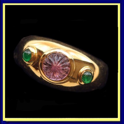 Cartier ring 18k gold emeralds pink gem French signed Unisex