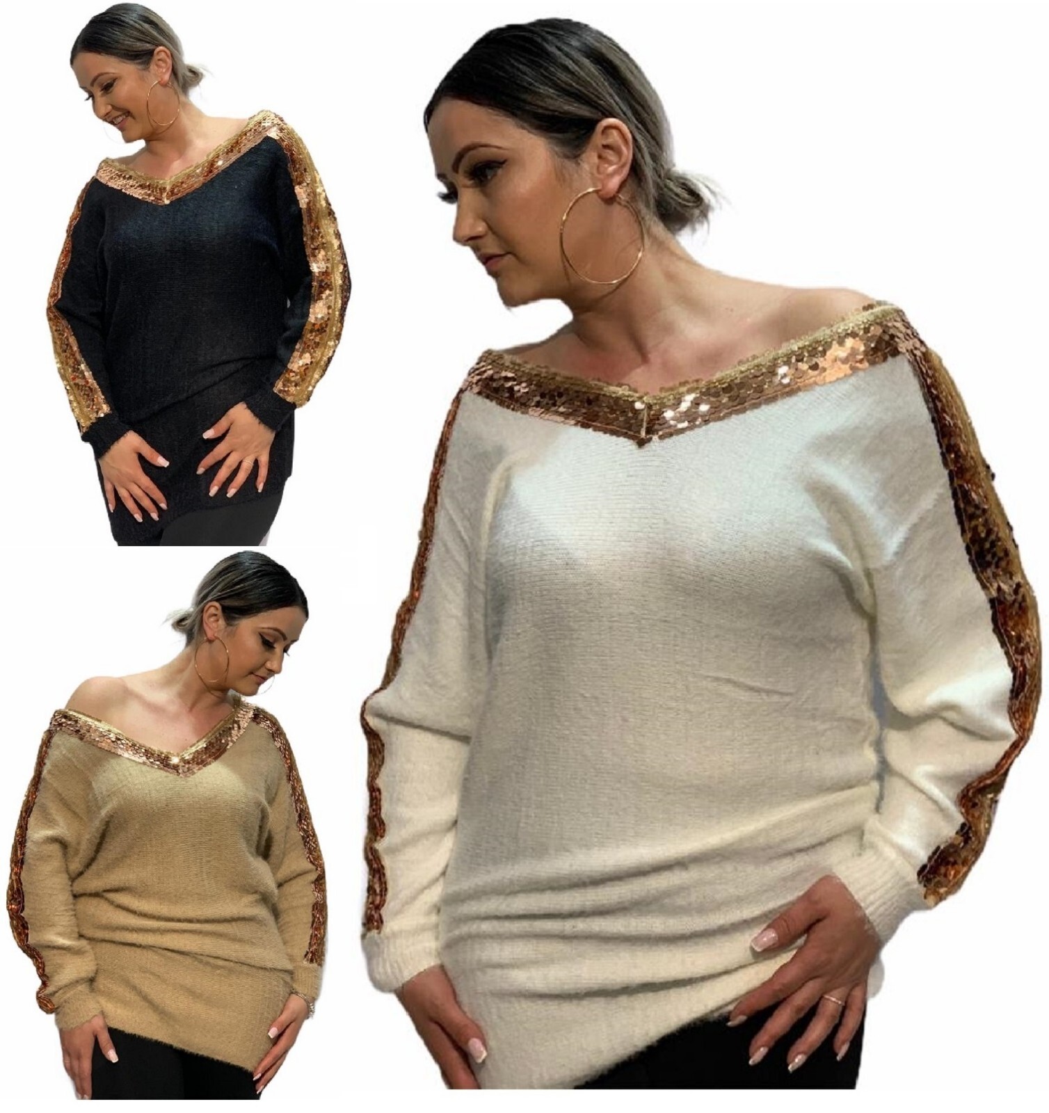 Jumper Sequin Top Ladies V Neck Pullover Blouse Long Sleeve Loose Women