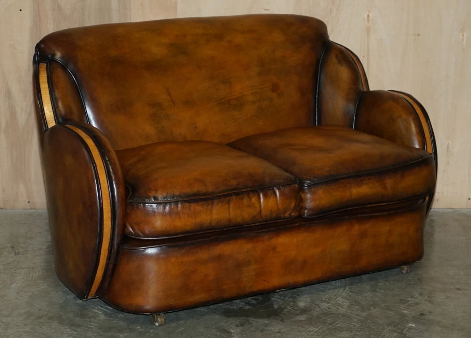 1 OF 2 OF RESTORED ART DECO HARRY & LOU EPSTEIN HAND DYED BROWN LEATHER SOFAS — 第 2/4 张图片