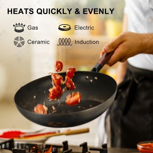 Wok Pan 12.5” Carbon Steel Wok & Stir-Fry Pans Flat Bottom With Lid And Spatul - Picture 6 of 16