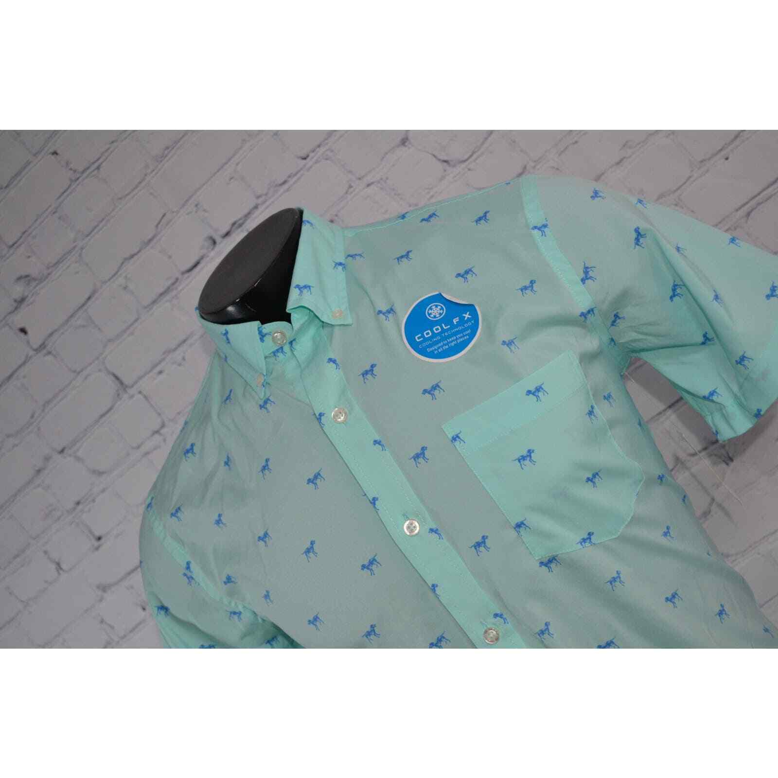 47994 Izod Cool FX Fishing Shirt Medium Mens Performance Blue Dog Design NEW 