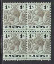 M15454 Malta 1918 SG81b - 1/- on blue green with olive back in a block of 4