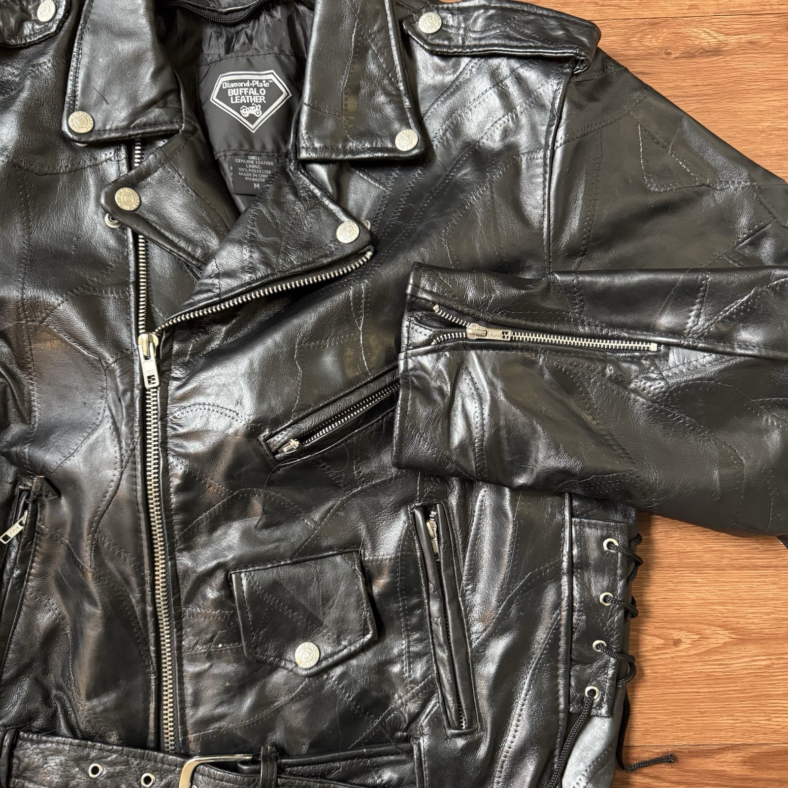Vintage Patch Work Buffalo Leather Jacket Medium … - image 2