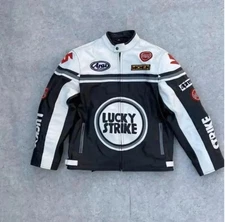 Lucky Strike Racing Leather Jacket Men's Biker Genuine Cowhide Leather Jacket