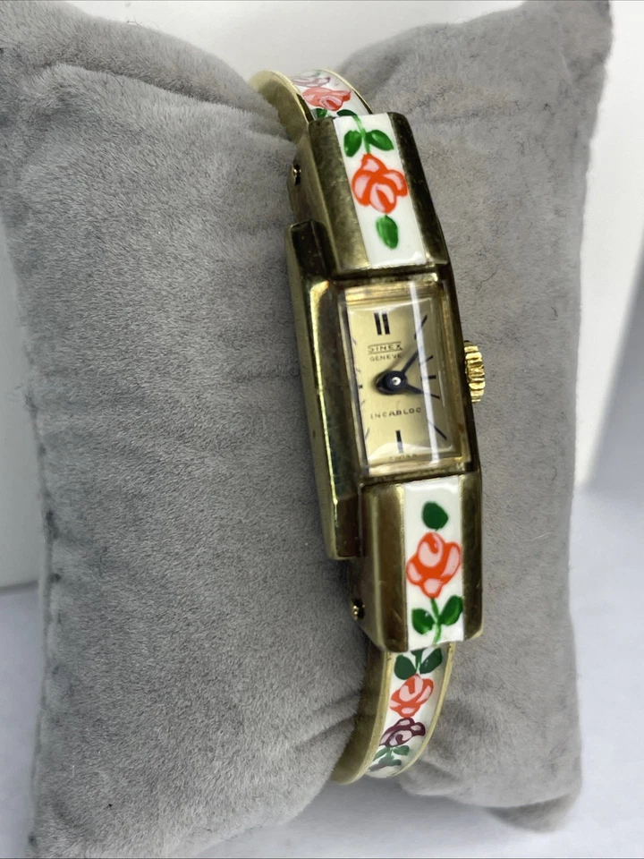 Vintage Sinex Geneve Incabloc Swiss Made Mechanical Floral Enamel Gold Filled  - Image 3 of 4