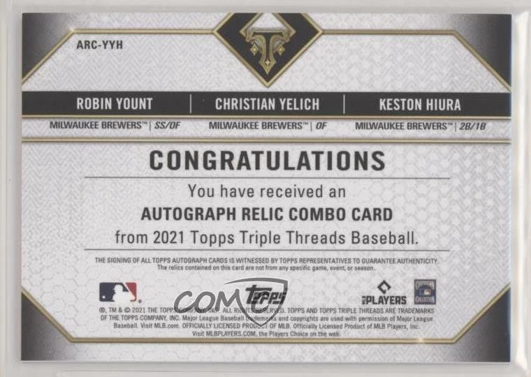2021 Triple Threads Relic Combos /36 Christian Yelich Keston Hiura Auto HOF - Image 2 of 2