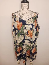 Naif Womens Top Blouse Floral Print Navy Blue Cold Shoulder XL