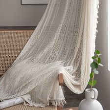 Boho Lace Curtains with Tassel 63in 2 Panel Vintage Crochet Beige Sheer
