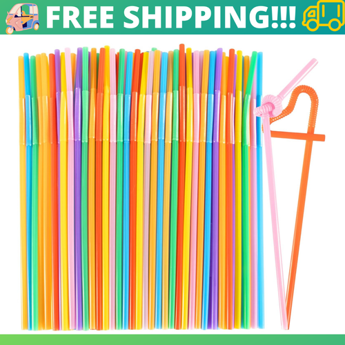 Flexible Disposable Plastic Drinking Straws Colorful Long 100 Pcs