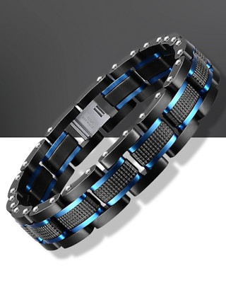 Men's Stainless Steel Two-Tone Square Diamond Bracelet Black & Blue Ion-Plated