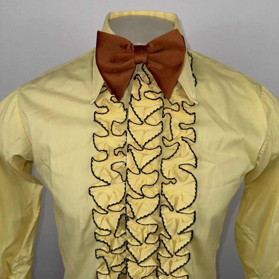 Vintage 60s 70s Tuxedo Shirt Yellow Ruffles Tux Retro Prom Disco Mens Small 33" - Image 2 of 4