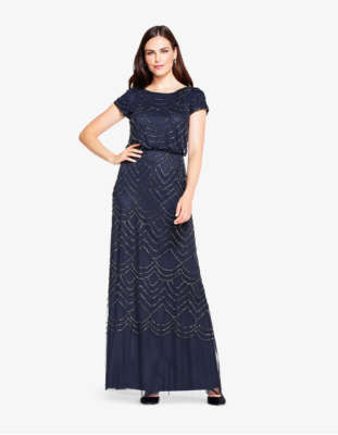 adrianna papell one shoulder beaded blouson dress Sleeveless Beaded Blouson Midi Dress In Midnight Multi
