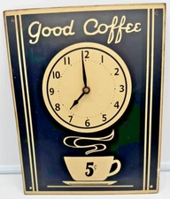 Vintage MCM Metal Good Coffee Clock 5 Cents Black  Works 12.75" tall 10" wide