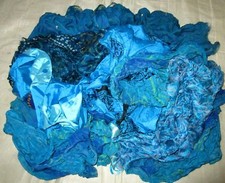 LOT ART SILK Antique Vintage Sari REMNANT Fabrics 100 GRAMS Aqua Blue Craft