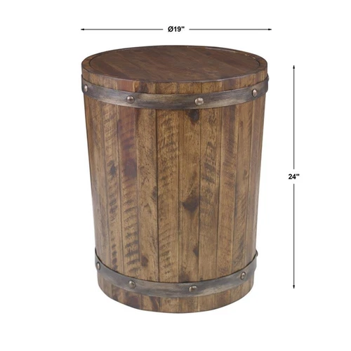 Uttermost Ceylon 19" Round Wood and Metal Wine Barrel Accent End Table in Walnut - Picture 5 of 5