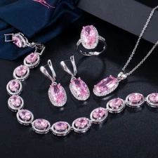 Gorgeous Silver Plated Pink Oval Cut Cubic Zirconia Women Party Jewelry Set Gift