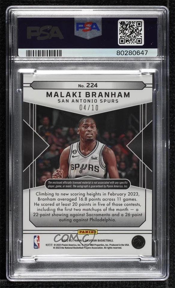 2022 Obsidian Electric Etch Yellow /10 Malaki Branham #224 PSA 8 Rookie Auto RC - Image 2 of 2