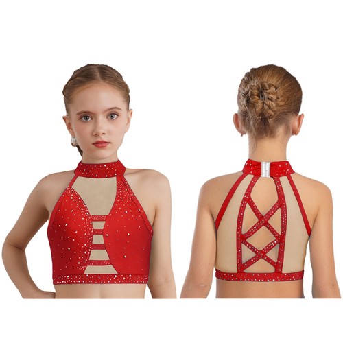 Mädchen Crop Top Eiskunstlauf BH Performance Weste Ballett Kostüm Jazz Modern - Bild 21 von 63