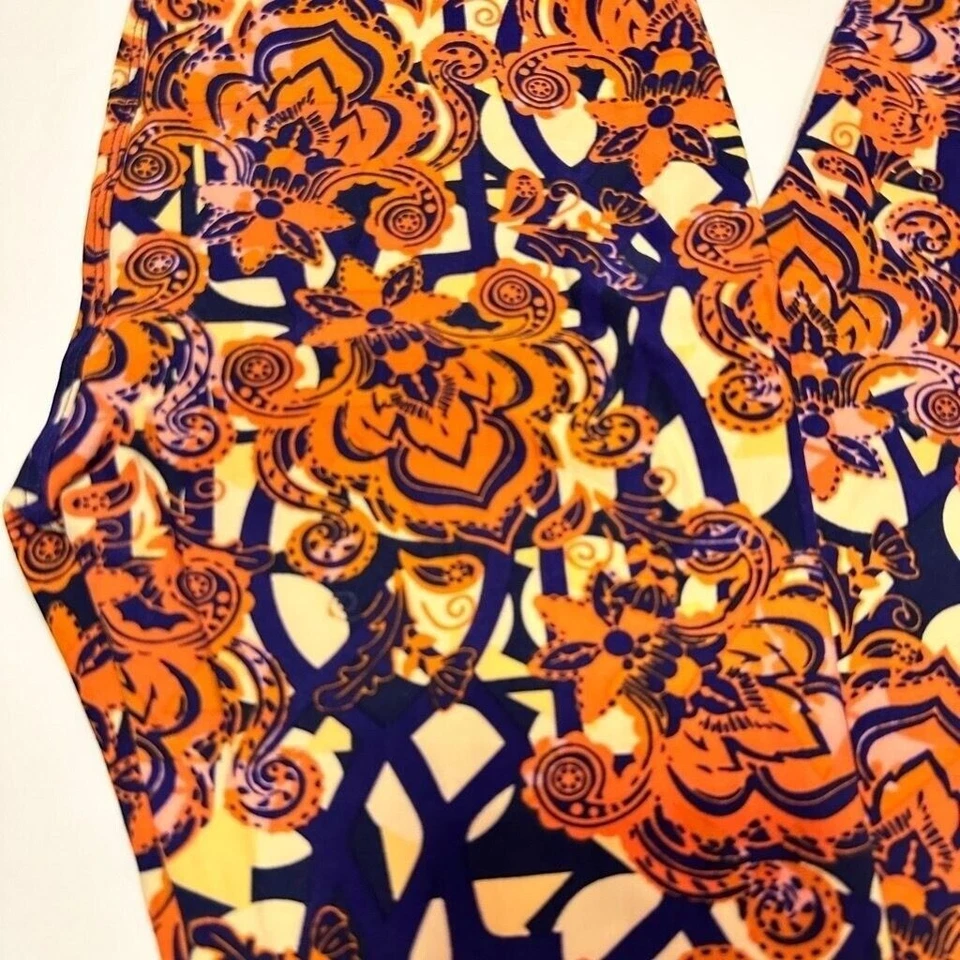 Leggings para mujer LuLaRoe coloridos con estampado floral naranja púrpura amarillo damasco OS Foto 2 de 4