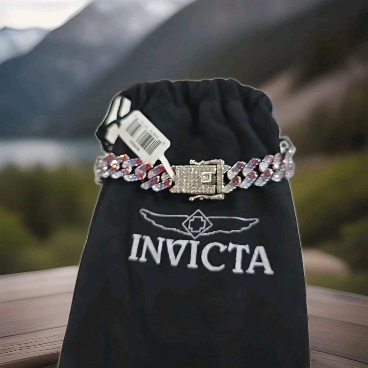 Invicta Red, Blue & Silver Crystal Cuban Link Bracelet with Dust Bag and Case Invicta Bracelets for Men for sale | eBay main image 3
