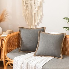 Set of 2 Farmhouse Throw Pillow Covers - Burlap Linen Trimmed Tailored Edges Dec