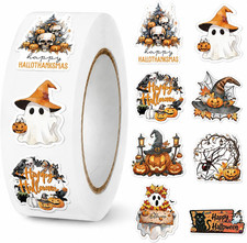 Halloween Stickers Roll, Pumpkin Ghost Spider Web Cat Maple Leaf Stickers