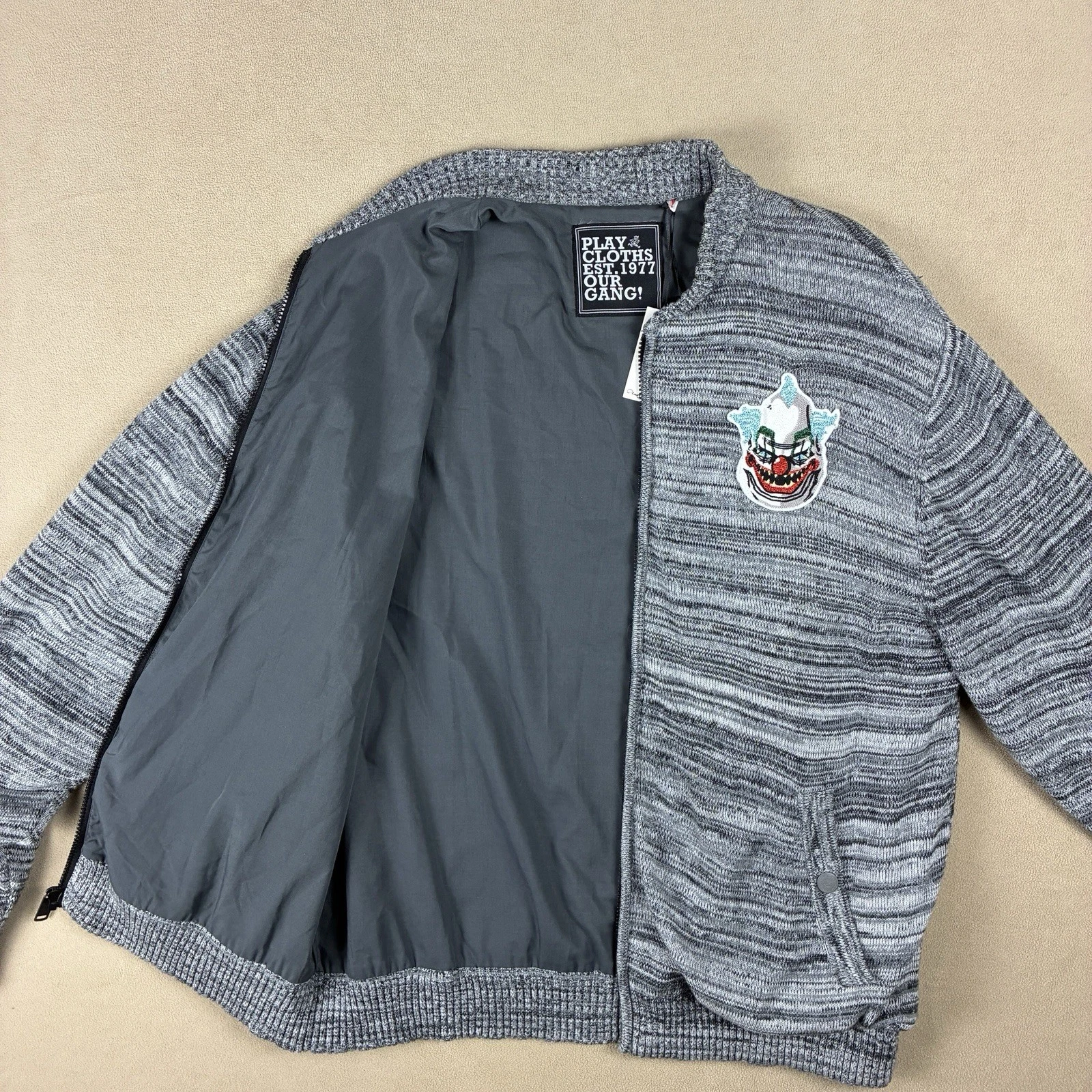 Play Cloths Fratellini Clown Knit Bomber Jacket XL Heather Charcoal 100% Cotton - product detail image 9