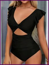 Contrast Mesh One Piece Swimsuit, V Neck Solid Color Backless Tummy Control High