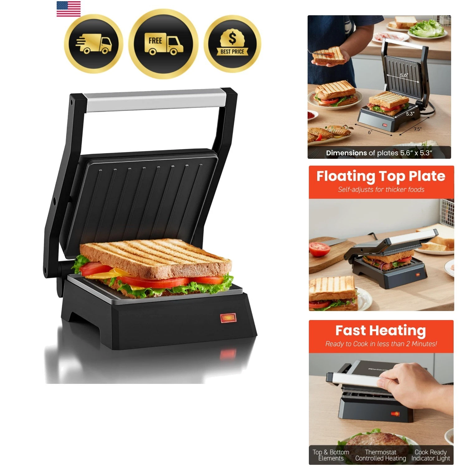 5.5 x 5.3" Multifunctional, Compact Electric Panini Press, Contact Grill, 180...